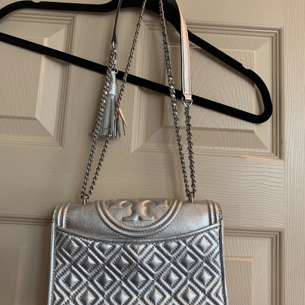 Tory Burch Silver Small Fleming Shoulder Handbag